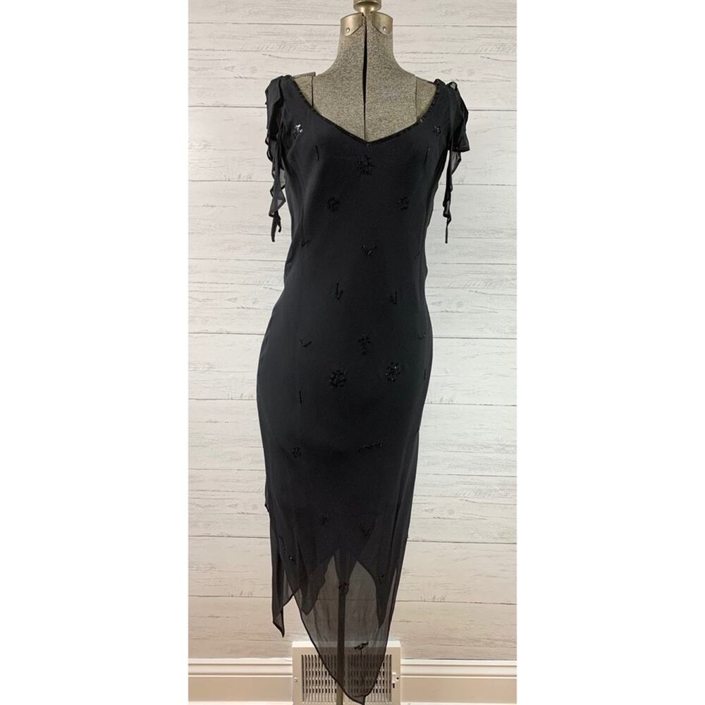 Lapis Black Embellished Handkerchief Hem Silk Dress, Vintage Y2K, Medium